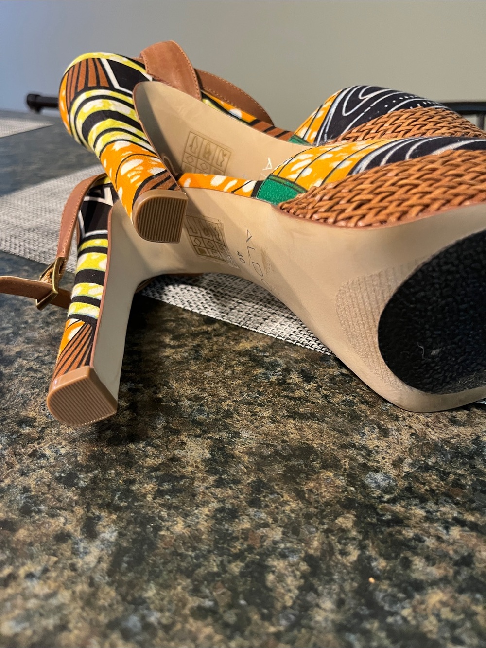 ALDO Yellow & Black Patterned Peep-Toe Wedge Sandals - Picture 3 of 4